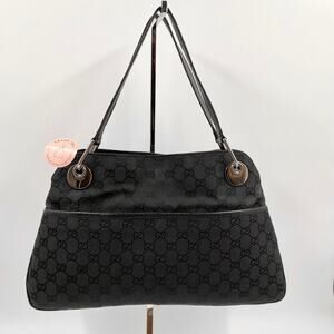 Gucci GG Monogram Eclipse Tote Bag Cloth Canvas Leather Trim Black Y2K Purse